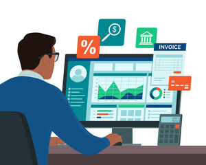 Businessman checking reports and online bank account on computer