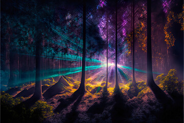 Lasershow im Wald, ai generated - obrazy, fototapety, plakaty