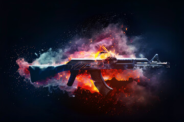 Burning AK-47 assault rifle made of fire, smoke and sparks on black background.  
Digitally generated AI image.