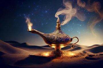 Fotobehang magic lamp with genie in the desert at night © davstudio