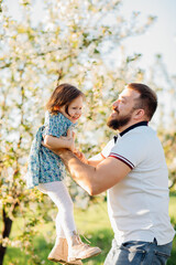 Dad plays and tosses his little daughter on a walk in a blooming spring garden.