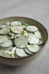 Homemade Cucumber Salad with Sour Cream and Onions in a Bowl, side view.