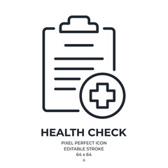 Clipboard with cross sign and health checkup concept editable stroke outline icon isolated on white background flat vector illustration. Pixel perfect. 64 x 64.