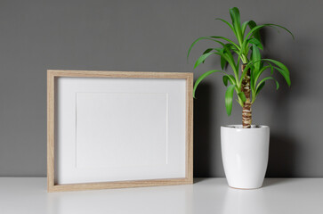 Blank landscape frame mockup with home plant over grey wall, poster or picture mockup