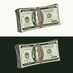Standing upright wad of 100 dollar bills tied with jute rope. Banknotes with front obverse side. Cash money. Vintage style. Detailed isolated vector illustration on dark, white background - obrazy, fototapety, plakaty