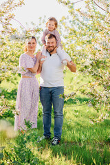 a mom and a dad with a baby daughter in a blooming spring garden. happy family. 