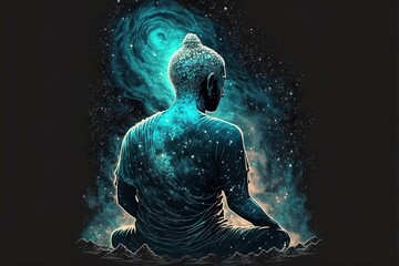 Buddha meditates on the background of the galaxy