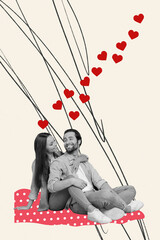 Obraz premium Creative artwork collage of two sitting young people hugs enjoy time spending lovely couple celebrate honeymoon isolated on white color background