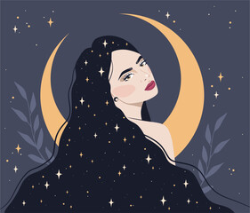 Beautiful woman and moon behind. Woman with long hair decorated with stars. Illustration about sleep, starry night, magic, peaceful, calm, esoteric.