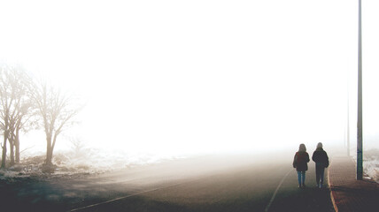 Obraz premium frame in the fog, frame in the forest,, frame in the woods, atmosphere of fog, two people alone in fog, two people in fog, people, human, two people walking in fog