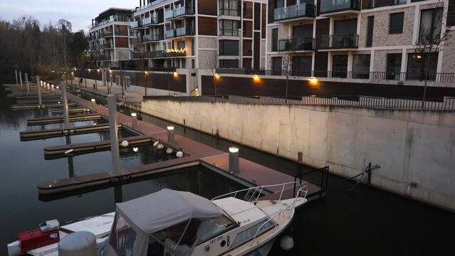 New Marina development of luxury houses and apartments during morning blue hour.