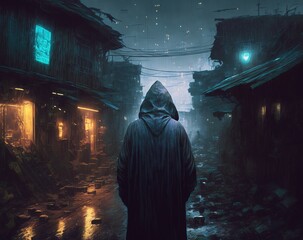 Lonely man walking slowly with hooded raincoat through foggy humid streets in poor squatters area of Manila city at dusk during tropical storm, - Generative AI illustration.