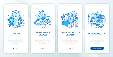 Chronic diseases major groups blue onboarding mobile app screen. Walkthrough 4 steps editable graphic instructions with linear concepts. UI, UX, GUI template. Myriad Pro-Bold, Regular fonts used