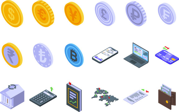 Currency conversion icons set isometric vector. Exchange payment. Convert coin