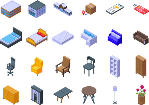 Furniture store icons set isometric vector. Home house. Wood table