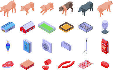 Pig farm icons set isometric vector. Pork animal. Hog swine