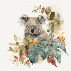 watercolor koala with leaves around, Generative AI - obrazy, fototapety, plakaty