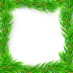 Fototapeta na wymiar Christmas branch frame 3D. Green garland border isolated on white background. Template texture for holiday banner, decoration, invitation, New Year card. Elegant realistic design Vector illustration