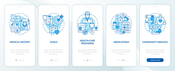 Chronic disease care plan blue onboarding mobile app screen. Walkthrough 5 steps editable graphic instructions with linear concepts. UI, UX, GUI template. Myriad Pro-Bold, Regular fonts used