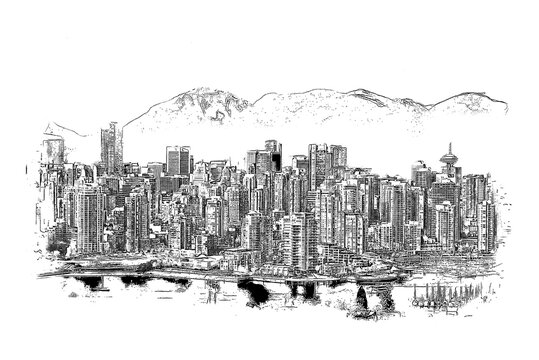 Skyline view of Vancouver, Canada, ink sketch illustration