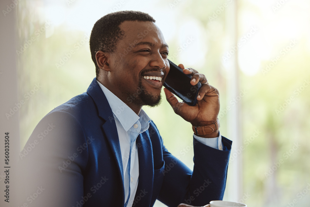 Aufkleber phone call, communication and negotiation with a business black man talking while working in corpora