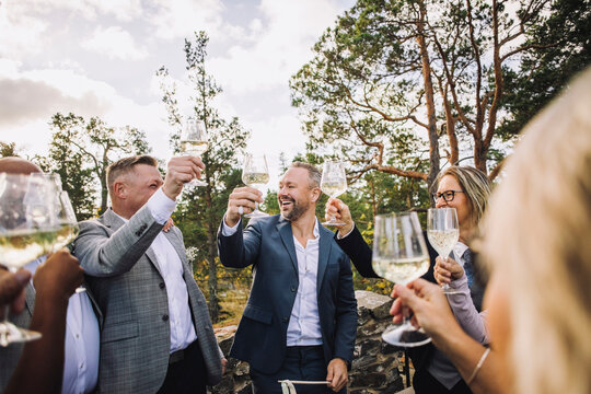Happy groom with friends and family toasting wineglasses at wedding