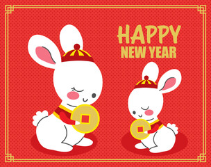 Vector illustration of rabbit mother and child holding golden money. Bunnies celebrating lunar Chinese new year on red traditional background