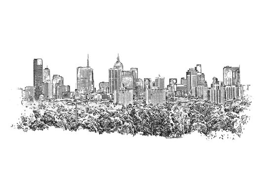 Skyline view of the city of Melbourne in Victoria, Australia, ink sketch illustration.