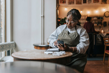 Mature female owner using mobile phone while sitting with diary at table in cafe
