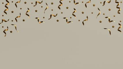 Festive background with confetti and gold ribbons. 3d illustration.