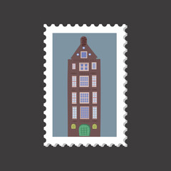 Amsterdam cozy and cute house postage stamp on a grey background.