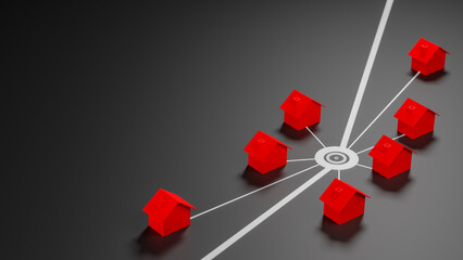 Last mile delivery concept. A bunch of houses with location symbol.