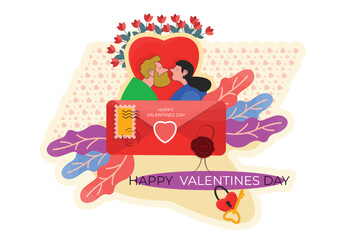 A romantic vector illustration of two couples kissing on Valentine's Day. The couples are surrounded by love heart and cupid, creating a festive atmosphere. Perfect for cards, posters, and other Valen