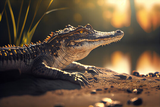 Majestic crocodile basking in the sun. AI-Assisted Image.