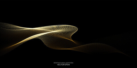 Flowing dot particles wave pattern gold gradient light isolated on black background. Vector in concept of luxury, AI technology, science, music.