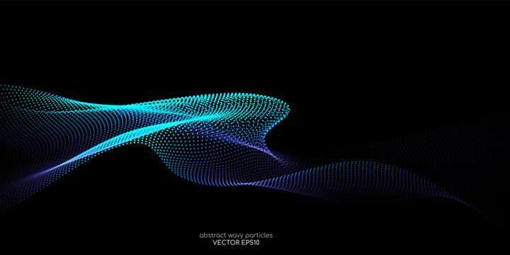 Flowing dots particles wave pattern blue green gradient light isolated on black background. Vector in concept of technology, science, music, modern.