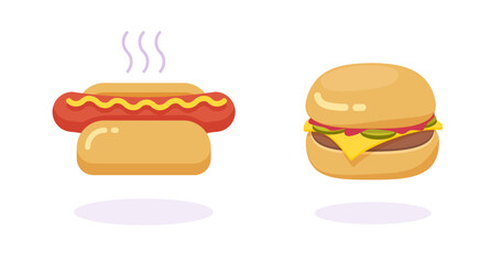 Burger and hotdog icon vector flat drawn or hamburger cheeseburger and hot dog sandwich fast food isolated illustration design clipart, fastfood menu clip art image modern - obrazy, fototapety, plakaty