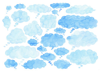 Fototapeta na wymiar 青色のふわふわとした雲型の吹き出し水彩素材