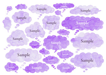 紫のふわふわとした雲型の吹き出し水彩素材