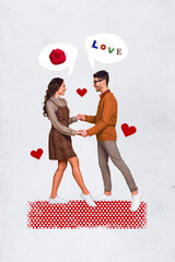 Collage photo poster of young couple dancing together hands together talking minded girlfriend want...