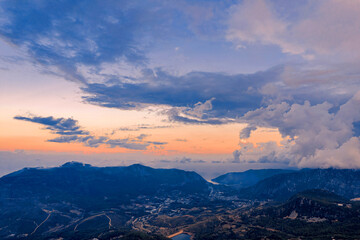 Fototapeta premium View of the surroundings in the sunset beautiful light. Drone shot top view. High quality photo