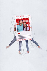 Vertical collage promo poster of love story couple hold paper frame take shot enjoy their honeymoon together isolated white color background