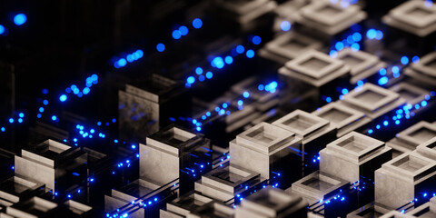 Computing concept with copy space. Computational software nodes working together with data flowing between them.