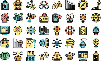 Crisis creativity icons set outline vector. Creative ideas. Mental creative color flat