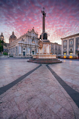 Catania, Sicily, Italy. Cityscape image of Duomo Square in Catania, Sicily with Cathedral of Saint...