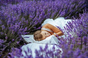 A middle-aged woman lies in a lavender field and enjoys aromatherapy. Aromatherapy concept,...