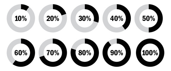 Percentage pie chart set. Circle percent diagram or chart with progress,black and gray color,  from 10% to 100% percent,vector illustration © Anvari