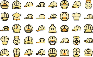 Cap icons set outline vector. Baseball hat. Sport head color flat