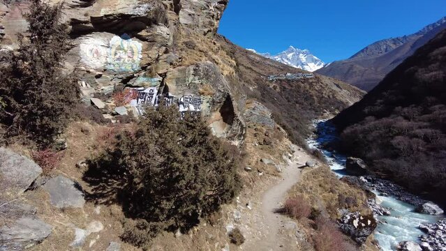 Dingboche, Nepal: Panoramic view of the trail toward Everest base camp between Pangboche and Dingboche along the Imjla Khola river