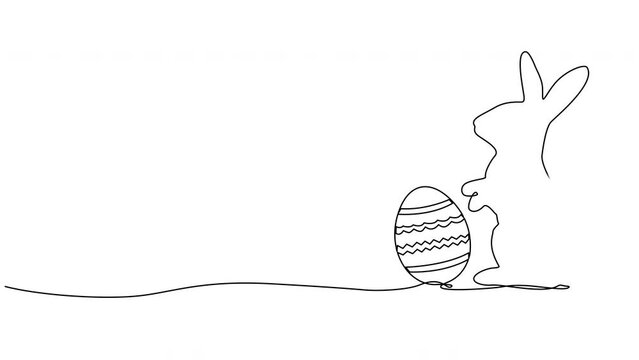 animated continuous single line drawing of easter bunny with decorated egg, line art animation